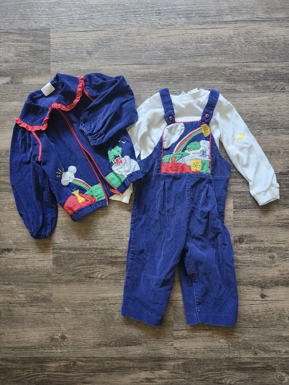 Vintage 90s Angel Wear 24 Month Navy Rainbow Overalls and Jacket Set